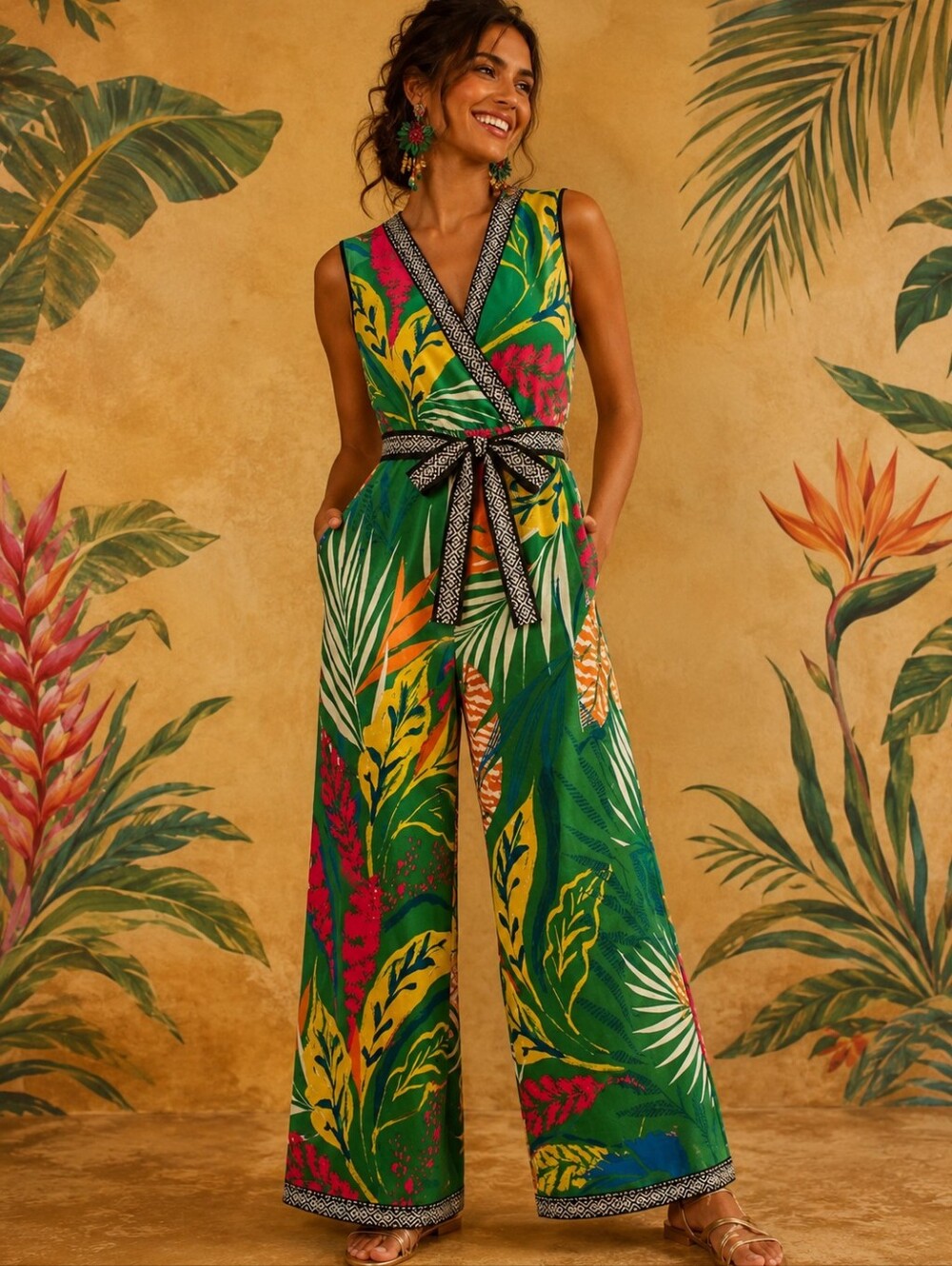 Anthropologie Flying Tomato Tropical Floral Wide Leg Jumpsuit Green Medium NWT - Picture 3 of 4